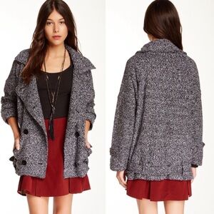 FP Free People Women’s XS Salt & Pepper Knit Sweater Pea Coat Hem Tie Jacket EUC